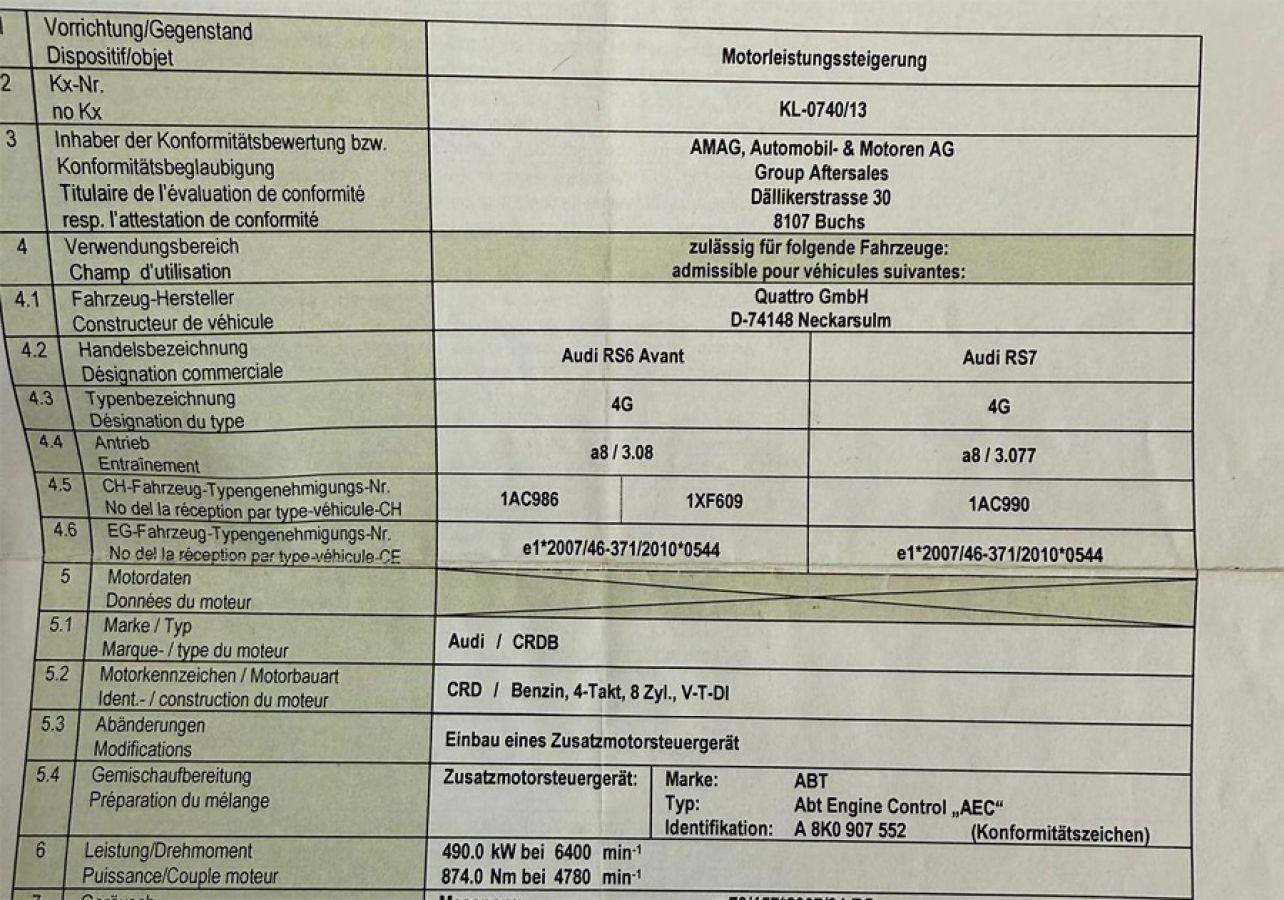 RS6 C7 4G Motorsteuergerät ABT 666 PS 870 NM mit DTC Gutachten